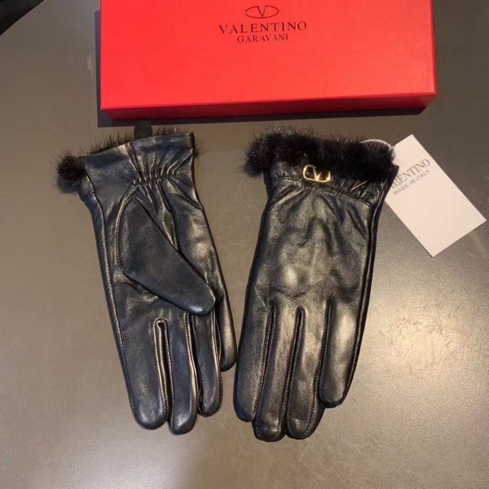 Valentino Fur Cuff Leather Gloves Black